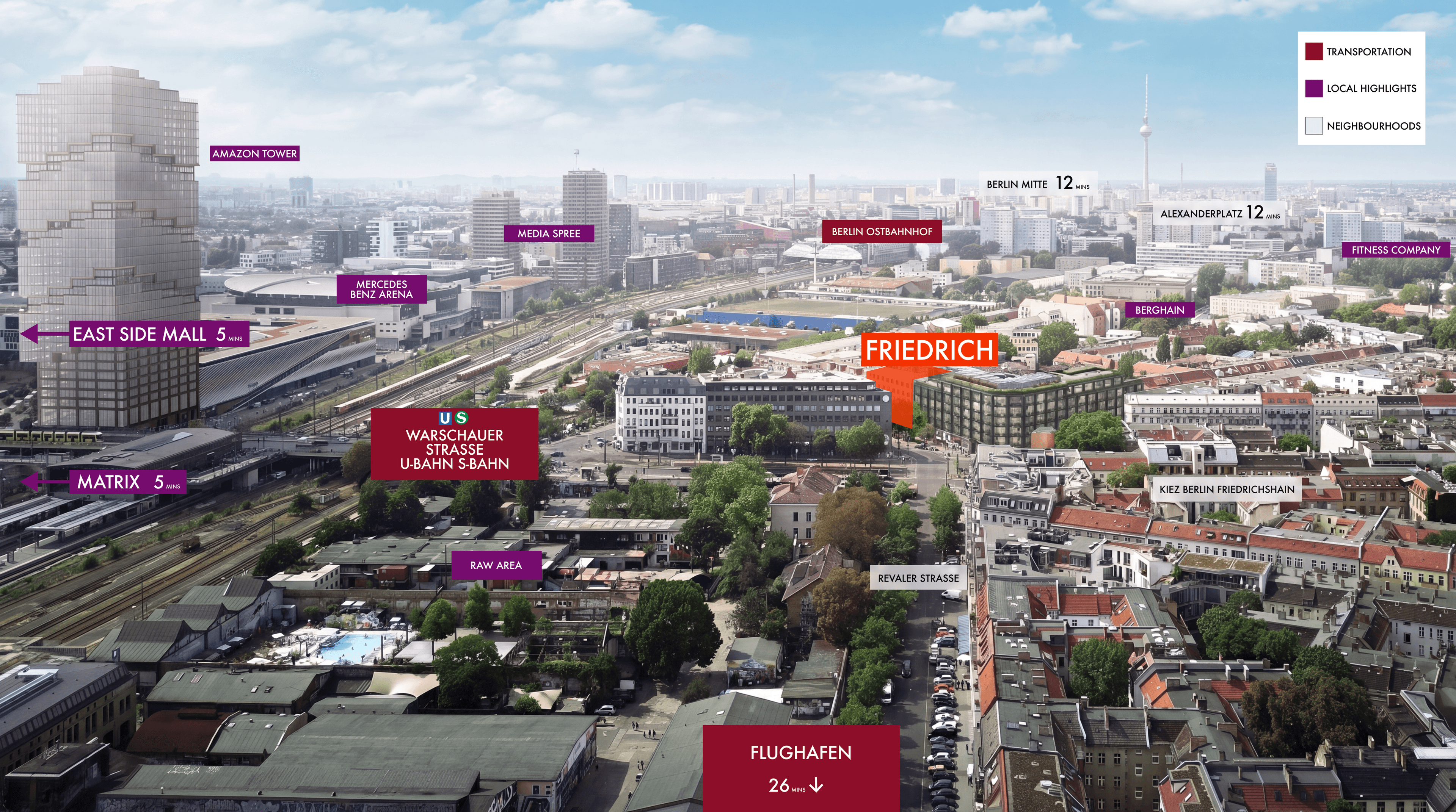 Lagekarte Friedrich Berlin: annotiertes Luftbild von Friedrichshain mit markierten Sehenswürdigkeiten und Verkehrsanbindungen wie Warschauer Straße U/S-Bahn, Berghain, East Side Mall und Entfernungsangaben in Gehminuten