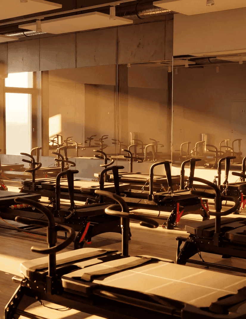 Pilates-Reformer-Geräte in einem sonnendurchfluteten Boutique-Fitnessstudio mit großer Spiegelwand