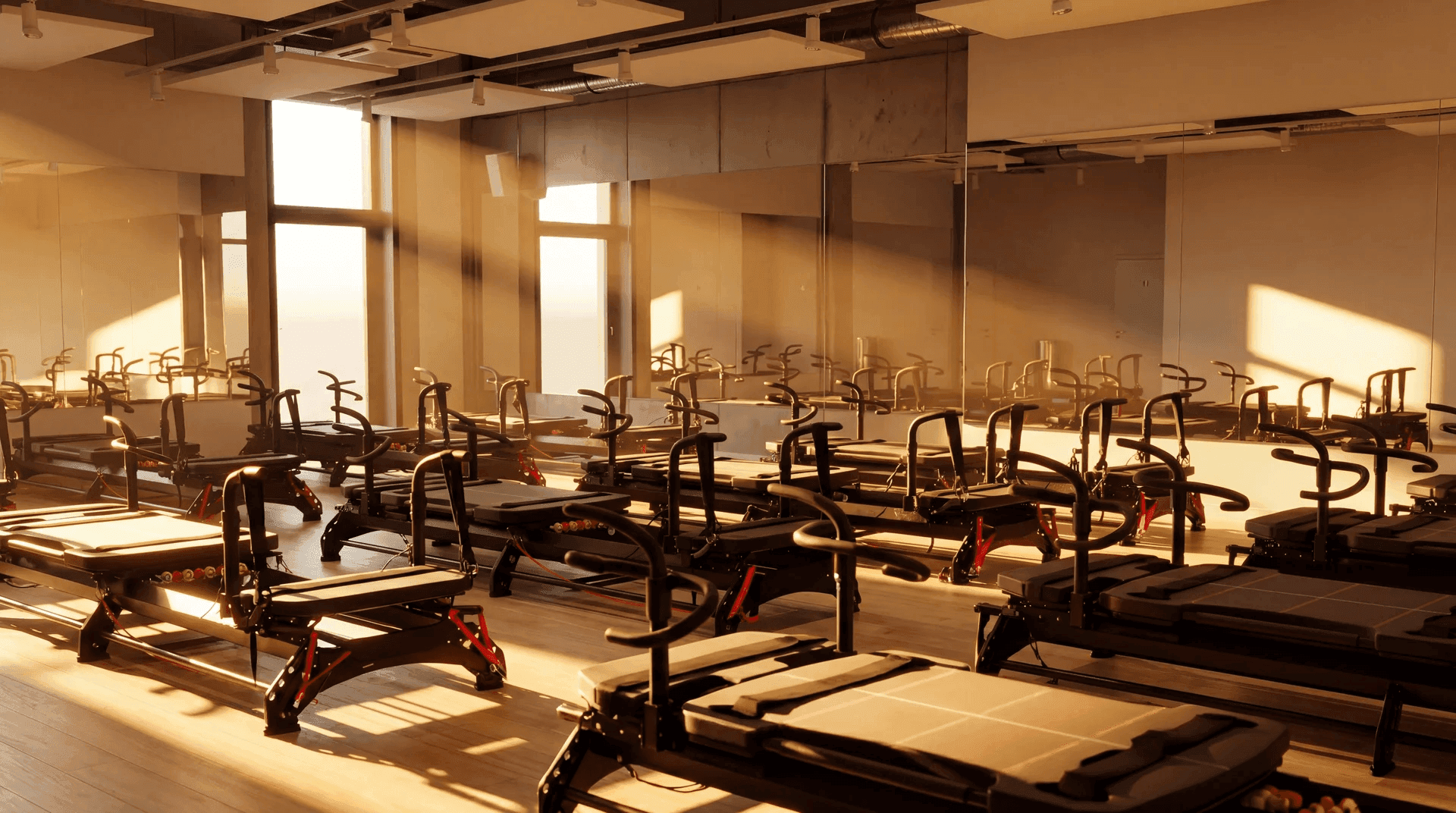 Boutique-Fitnessstudio mit Reihen schwarzer Pilates-Reformer-Geräte, verspiegelten Wänden und warmem Abendlicht durch die Fensterfront.