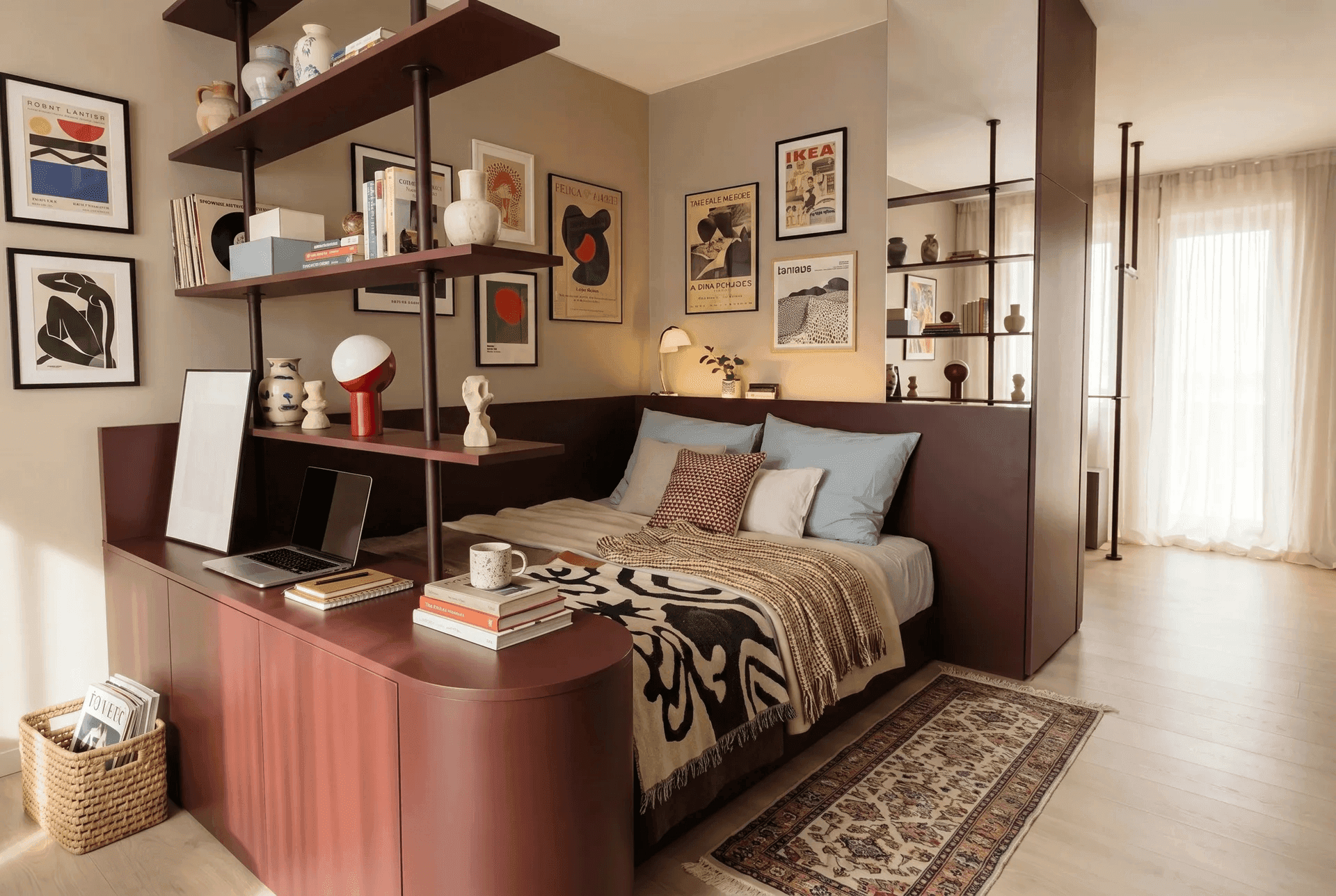 Individuell eingerichtetes Friedrich-Apartment: Schreibtisch mit Laptop und Büchern am Raumteiler, Bett mit gemusterter Decke und Orientteppich, Wände mit Kunstdrucken dekoriert