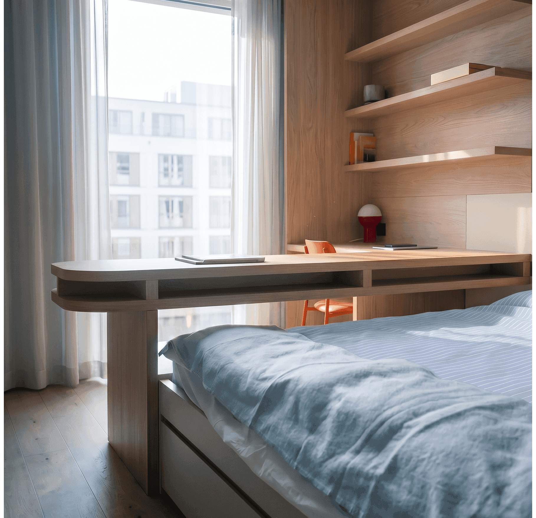 Studio Plus Schlafbereich: auskragender Holzschreibtisch über dem Bett, integrierte Regalwand und bodentiefes Fenster mit Stadtblick im Morgenlicht