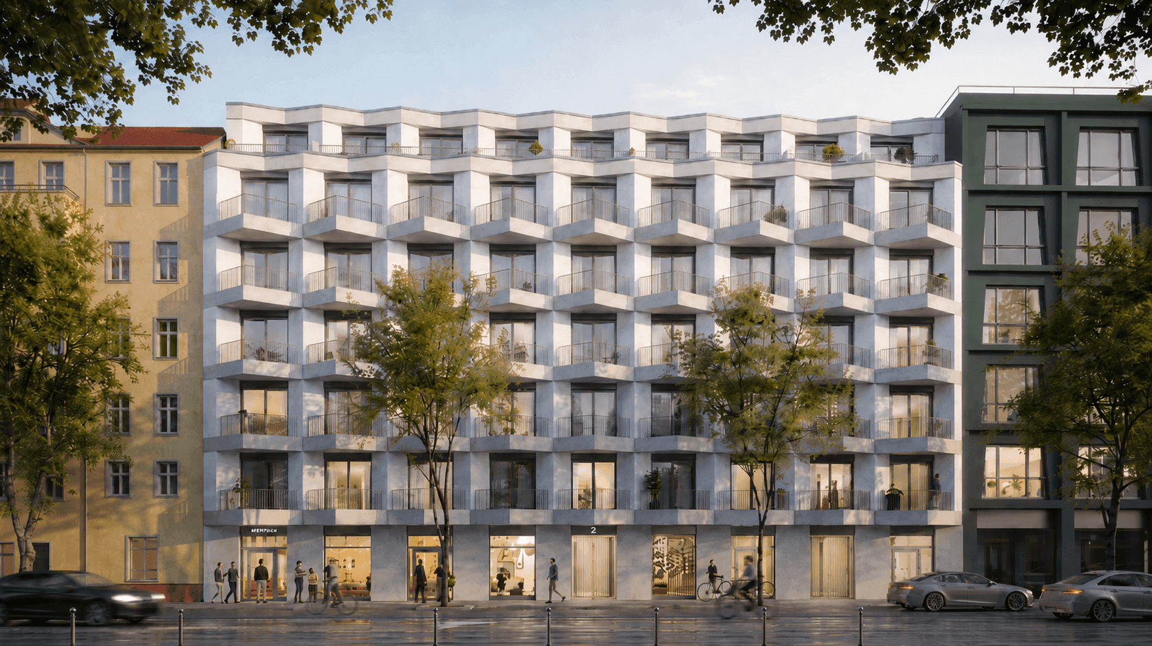 Architekturvisualisierung der Friedrich-Fassade bei Tageslicht: weißes Gebäude mit gewellter Struktur und umlaufenden Balkonen, belebtes Erdgeschoss mit Geschäften, Bäume im Vordergrund