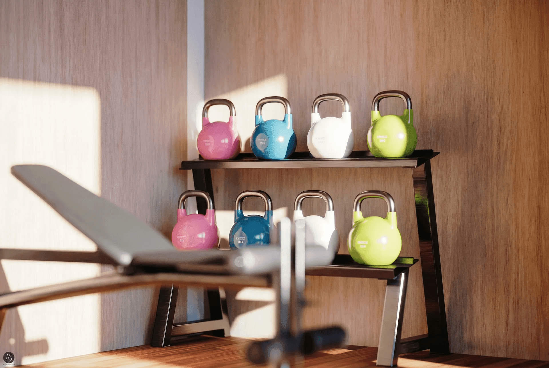 Boutique-Fitnessraum mit Kettlebells in Pink, Blau, Weiß und Grün auf einem zweistöckigen Regal, Trainingsbank im Vordergrund
